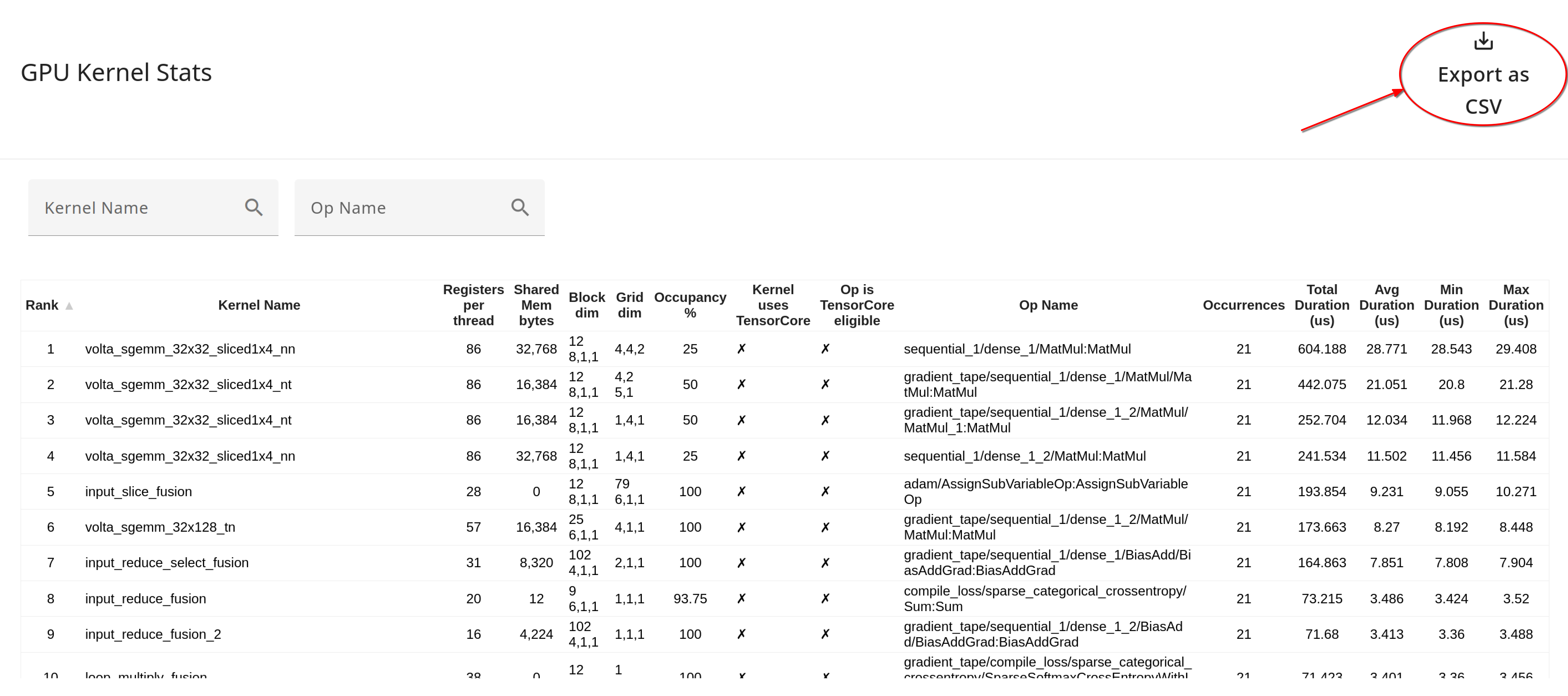 XProf GPU Kernel Stats export to CSV option