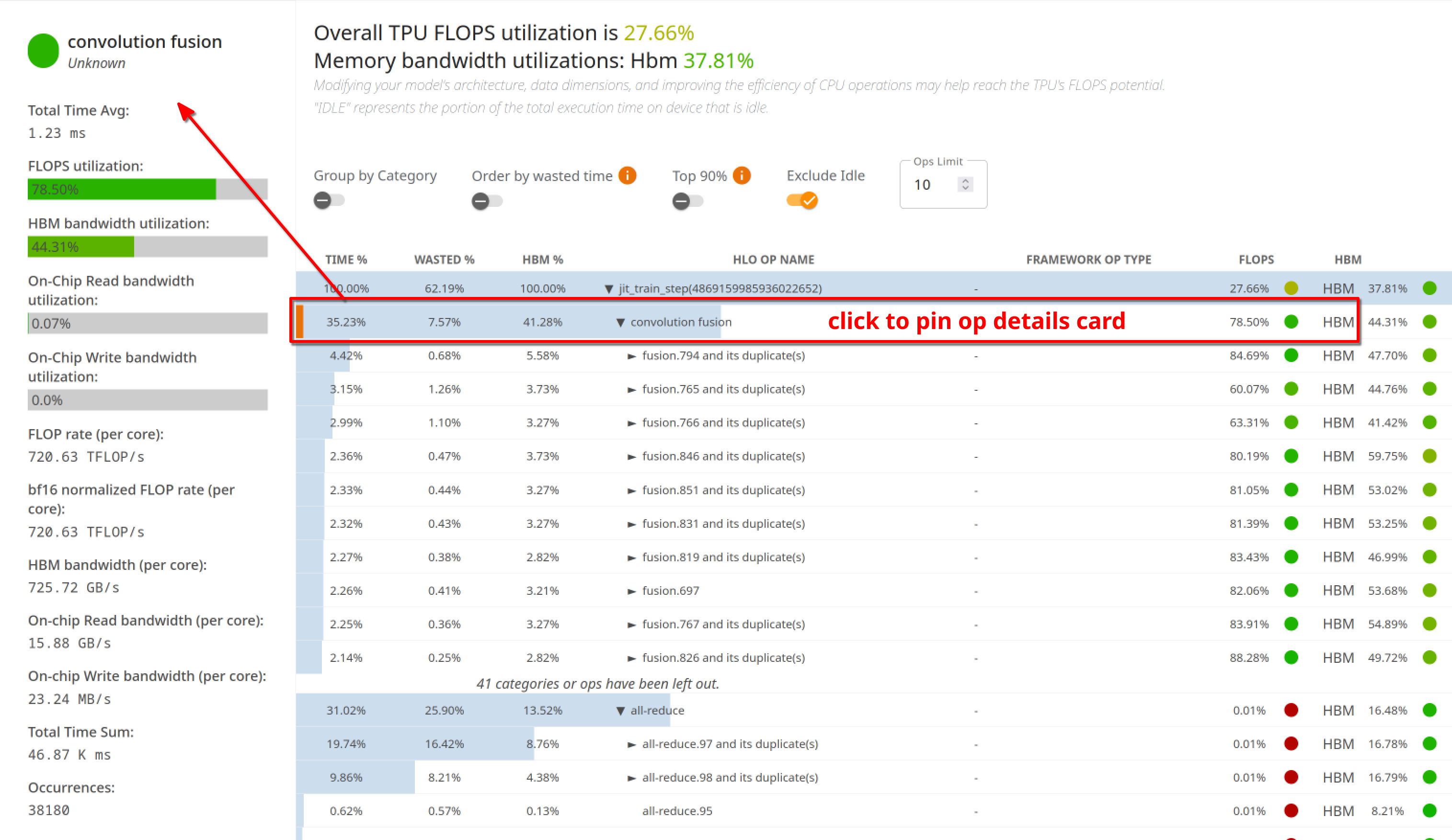 HLO Op Profile tool with a pinned op detail card