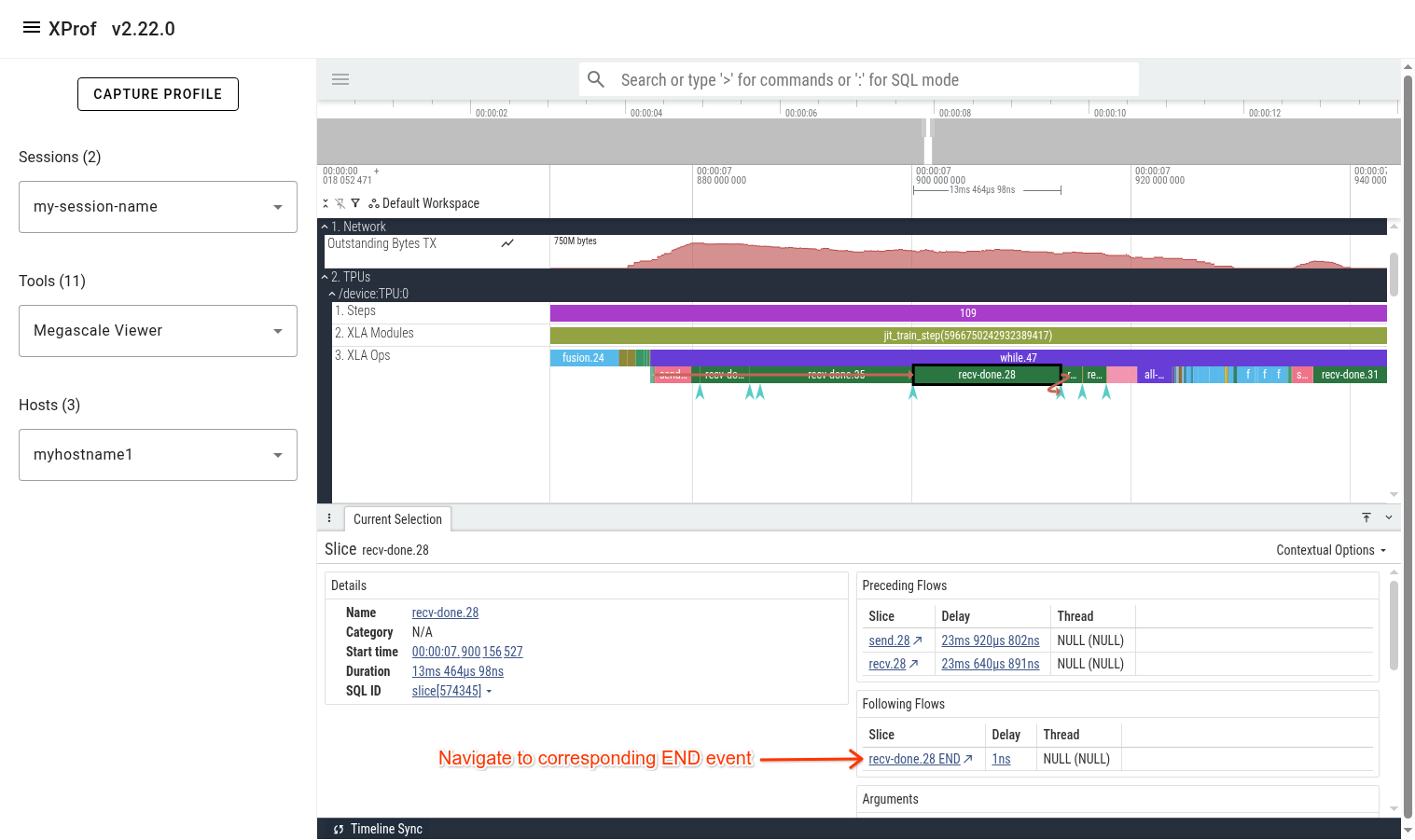 Screenshot showing links to recv-done preceding and following events