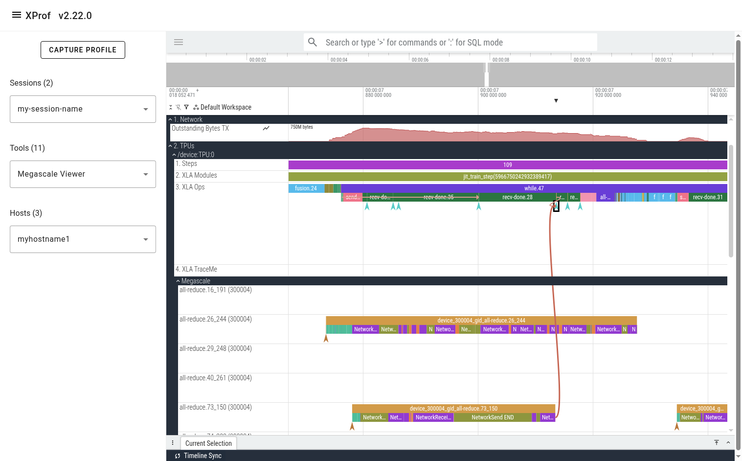 Screenshot showing flow arrow from Megascale H2D event to TPU recv-done end