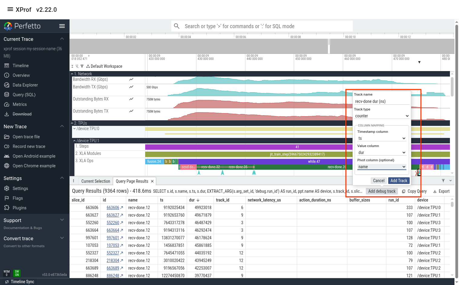 Screenshot showing how to add counter track for recv-done duration broken down
by HLO id