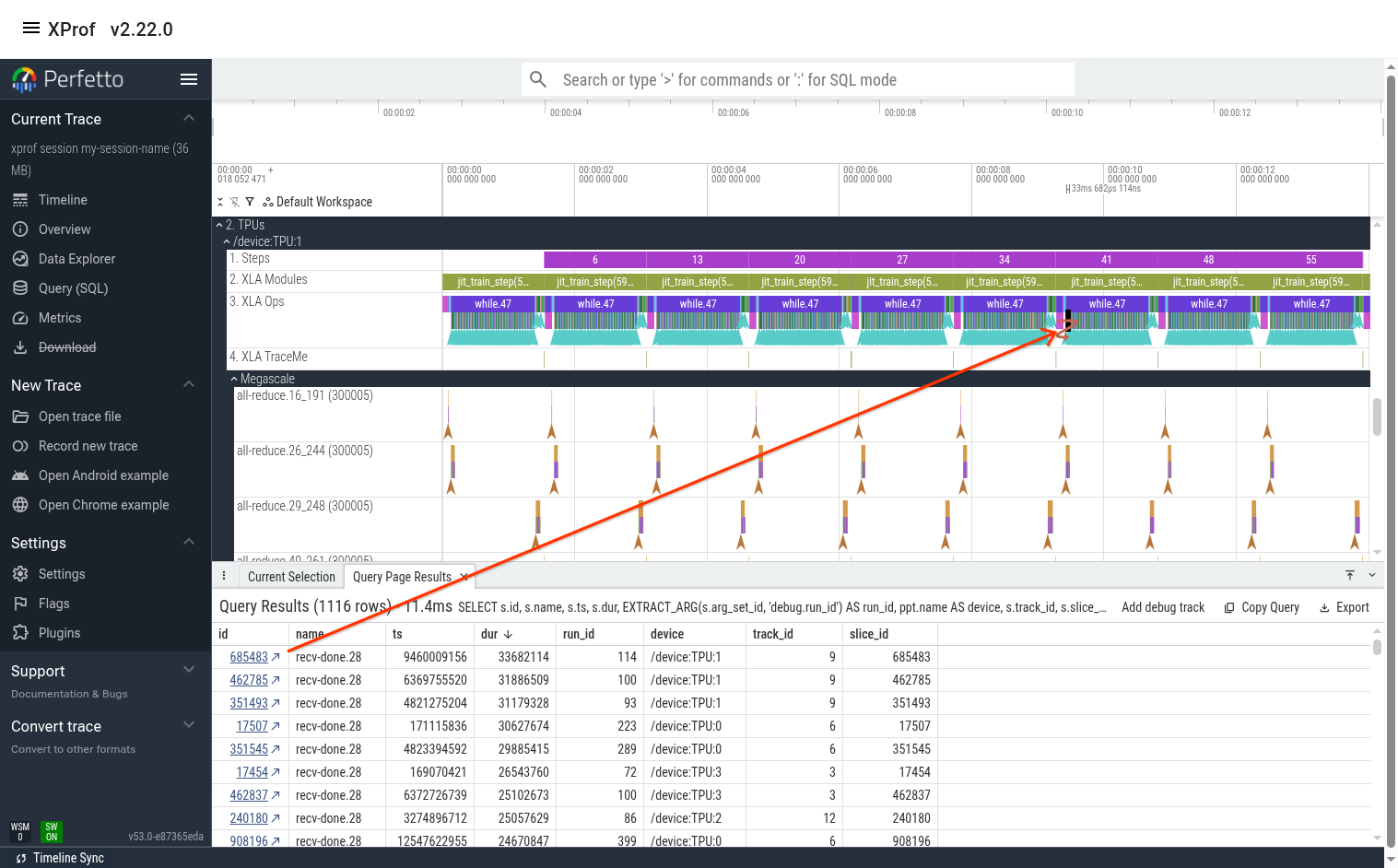 Screenshot showing how to jump to an event in timeline view from SQL table
results
