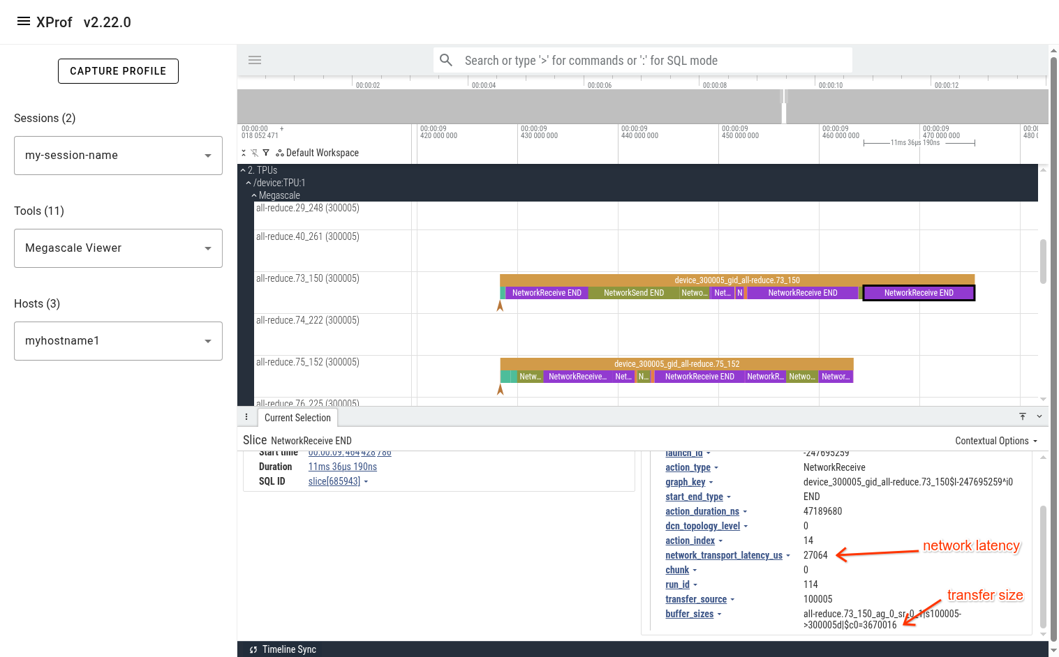 Screenshot showing network transport latency and transfer size for a
NetworkReceive action