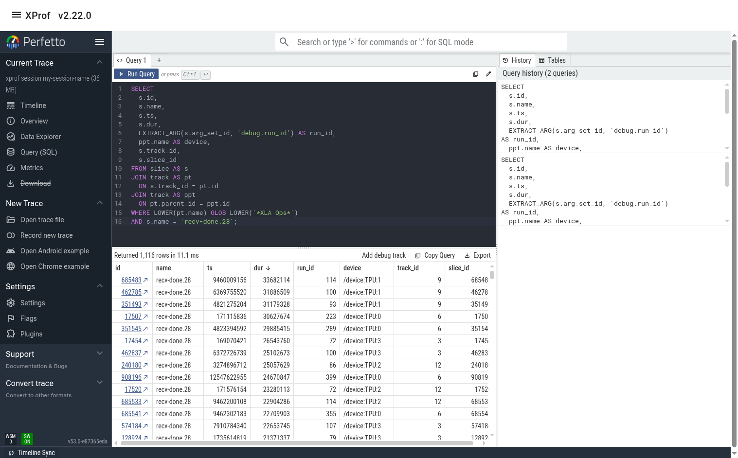 Скриншот, демонстрирующий результаты SQL-запроса Perfetto для recv-done.28