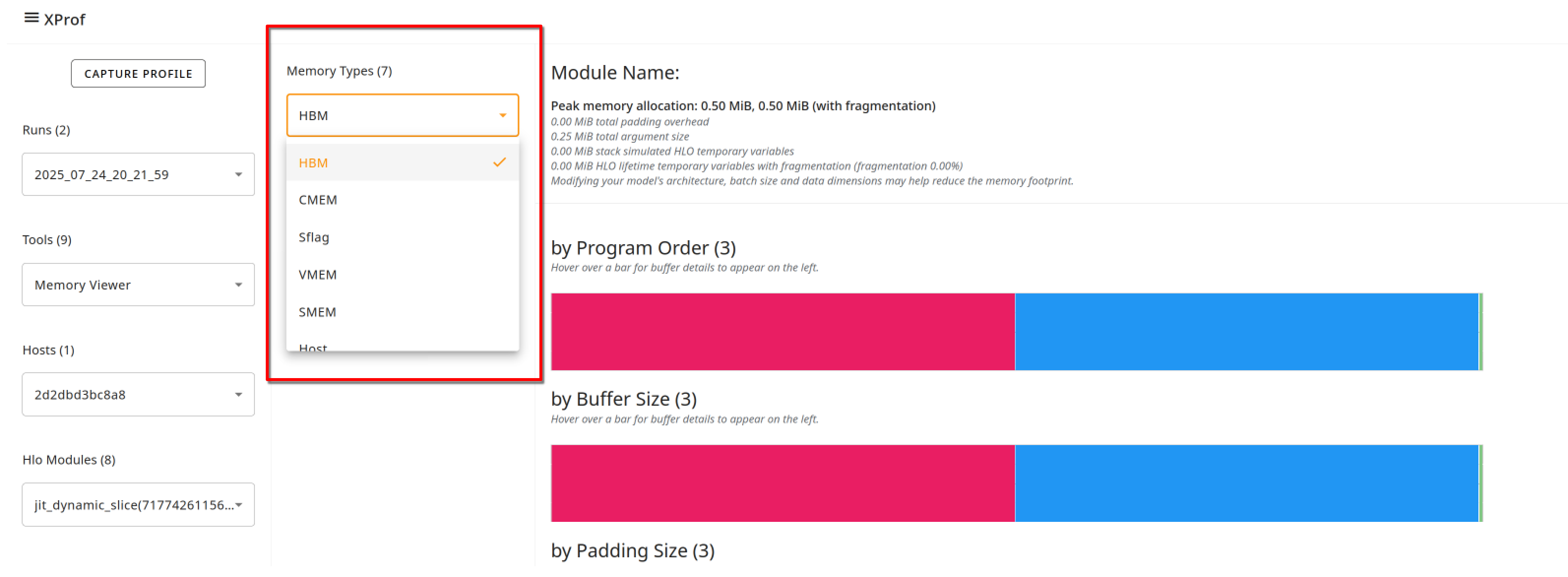 Memory Viewer Memory Types dropdown