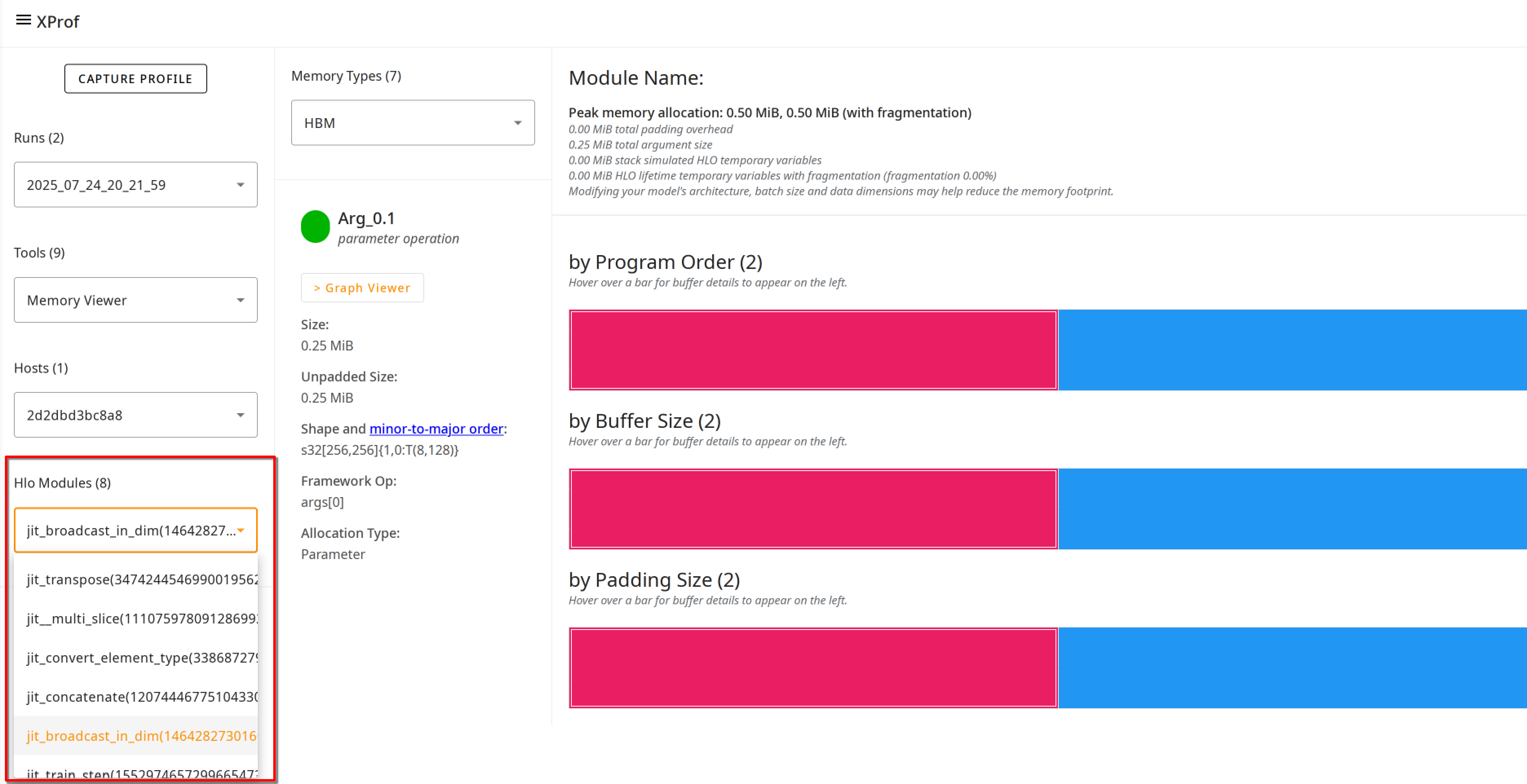 Memory Viewer modules dropdown