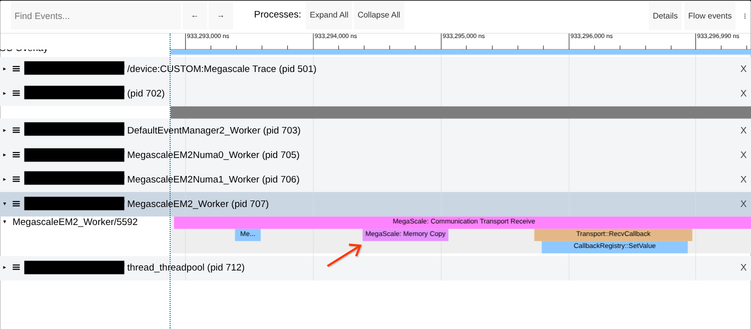 Example "Megascale: Memory Copy" trace during network
receive